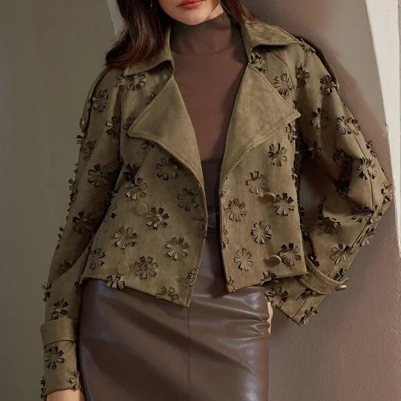 Khaki Casual Women's Collar 3d Laser Floral Embossed Jacket Coat - Picture 7 of 8